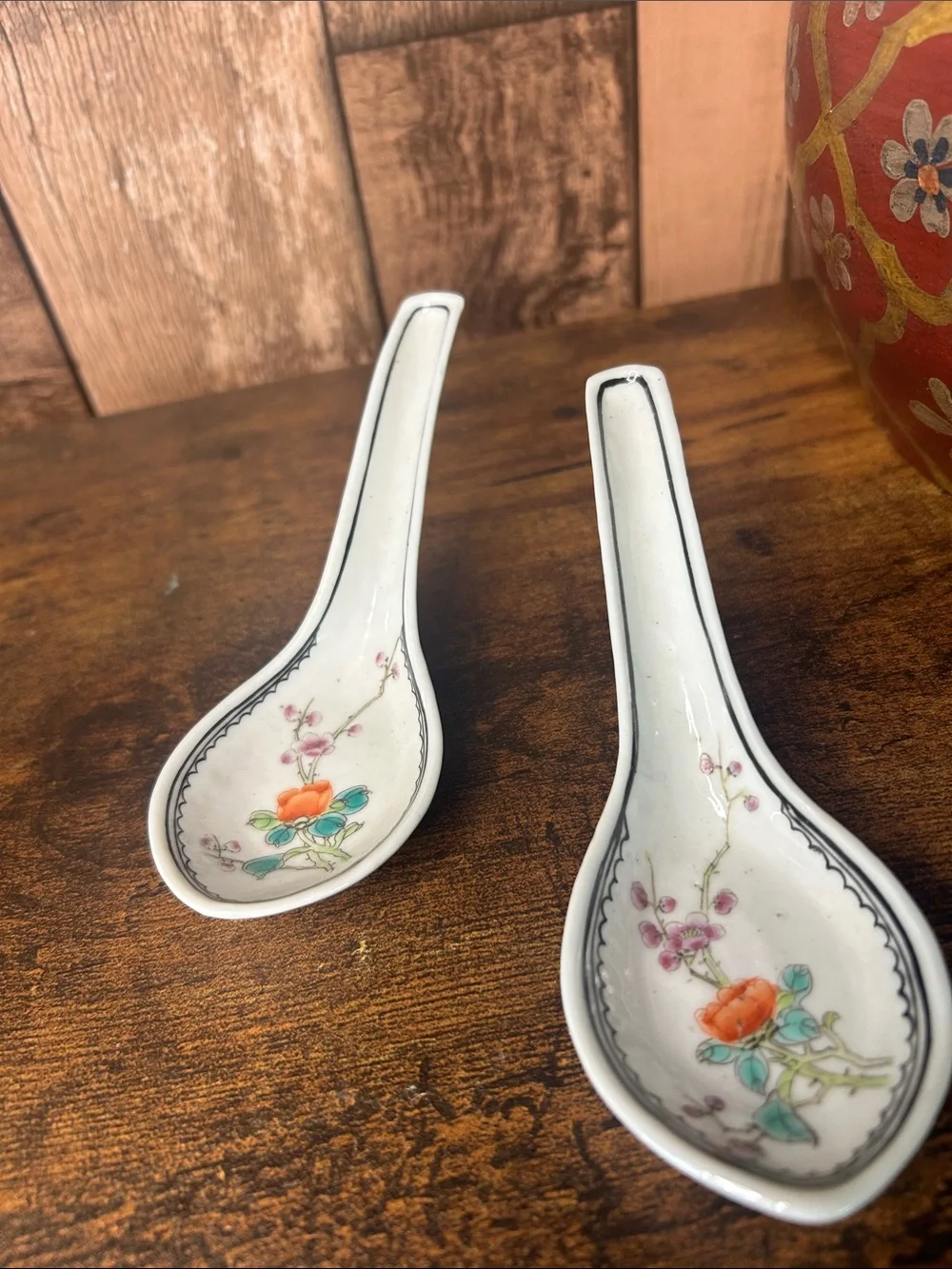 Porcelain Floral Soup Spoons - White with Orange Floral Accent